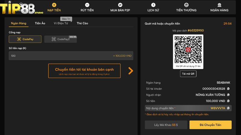 Nạp tiền Tip88 qua ngân hàng tiện lợi